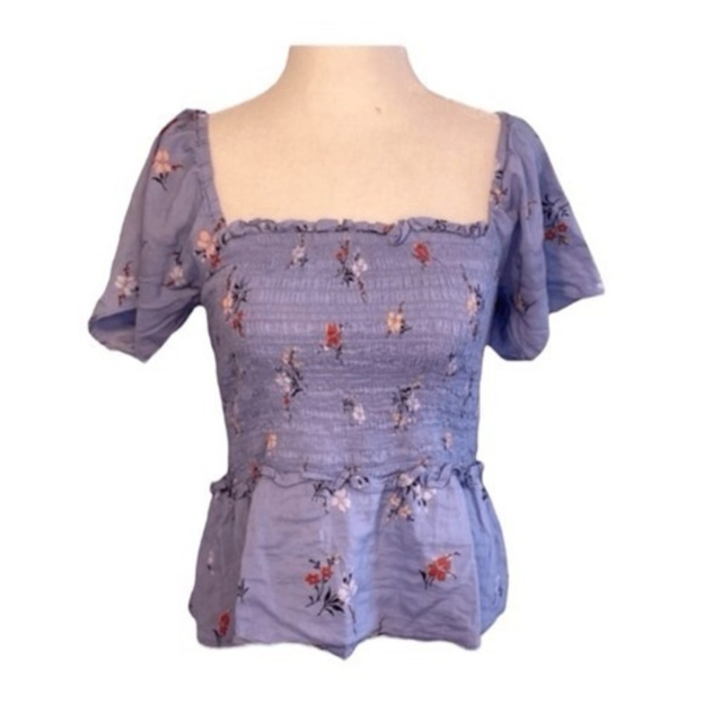 Madewell Blue Aloha Floral Print Top Smocked Flutter Sleeve Cropped XXS - Picture 2 of 9